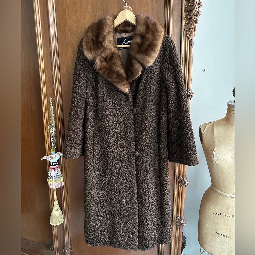 Vintage KARAKUL Sheep & Mink Collar Chocolate Brown Fur Coat by Andrae Toronto